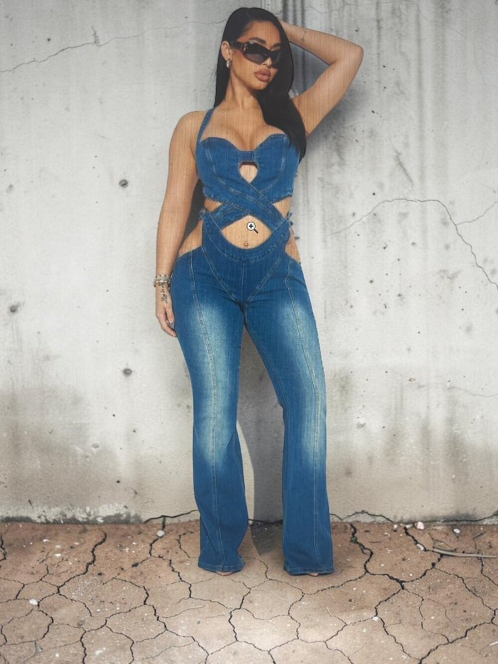 Better Than Your Ex Denim Jumpsuit Size Large Medium Wash Cutout Wide Leg